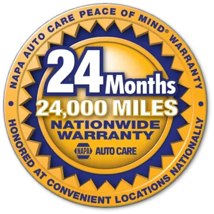 NAPA Auto Care Peace of Mind Warranty seal — 24 months / 24,000 miles nationwide